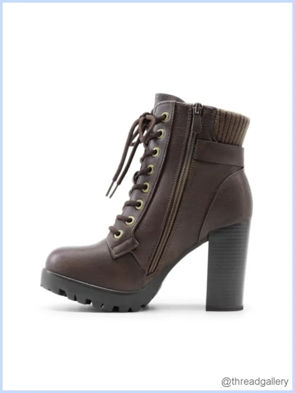 Lace Up Combat Ankle Boots Chunky Heel Fashion Booties Faux Leather Side Zipper